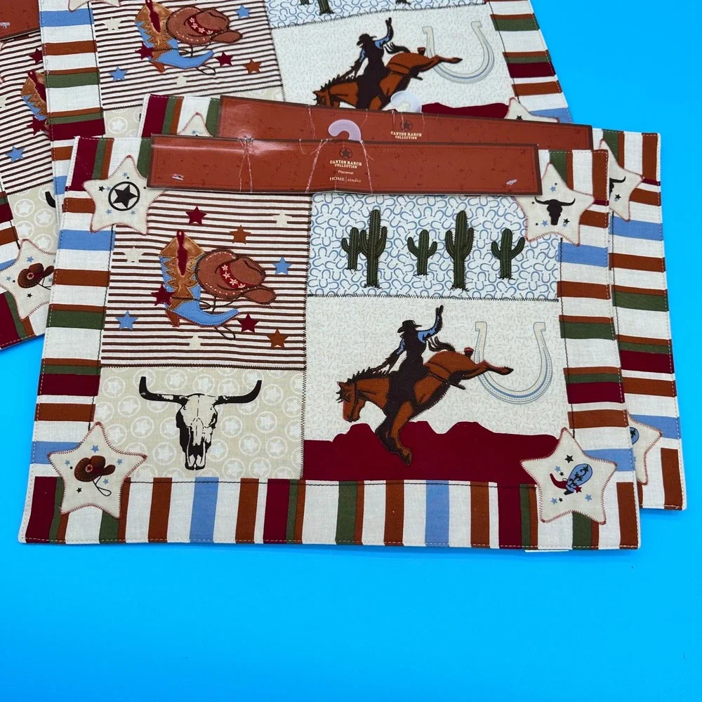Home Studio Canyon Ranch‎ Western Placemats Set of 4 Cotton Cowboy Patchwork NWT